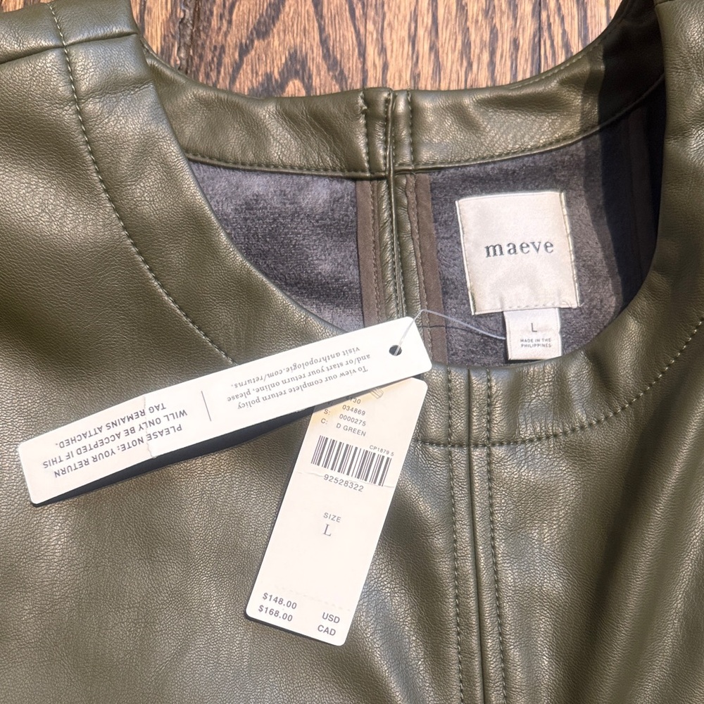 NWT Maeve Olive Green Leather Mini Dress - Picture 3 of 7